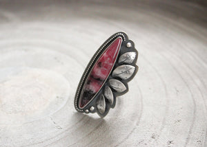 River and Birch gem rhodonite sterling silver leaf statement ring front view