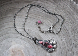 Gem Rhodonite Silver Botanical Theme Pendant Necklace