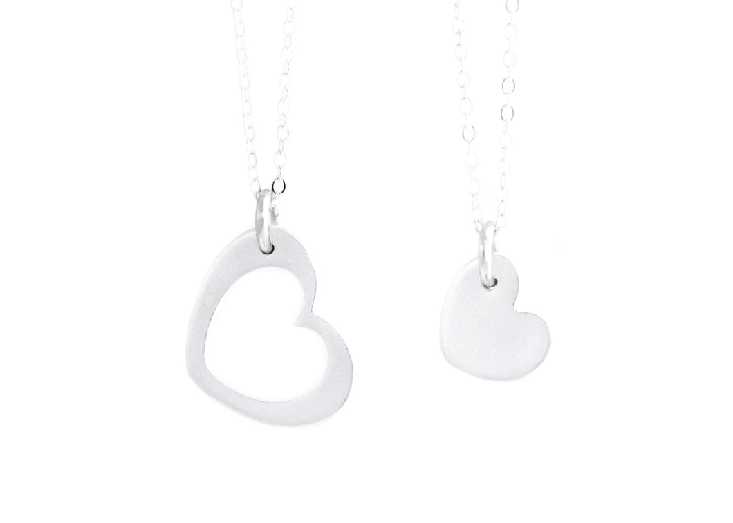 Mother Daughter Recycled Silver Heart Necklace Set
