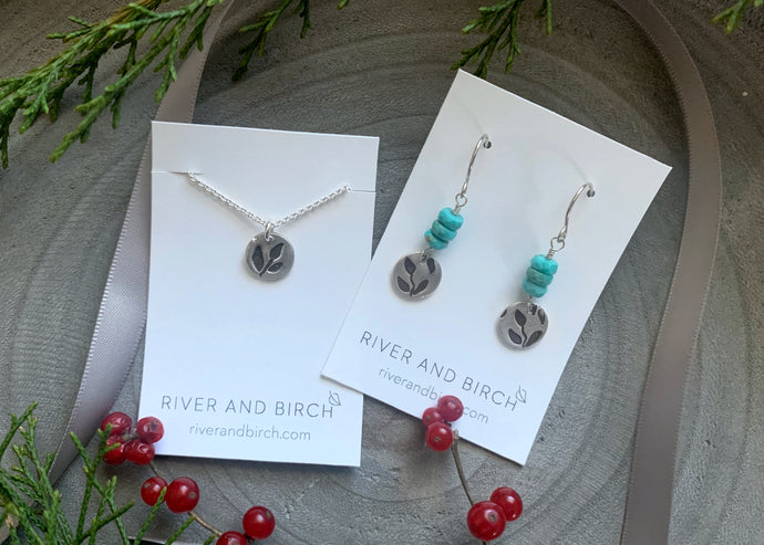 Holiday Bundle 3 - Fine Silver Leaf Necklace and Turquoise Earrings