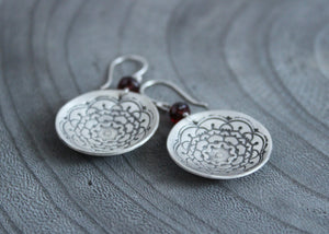 Garnet Silver Mandala Circle Earrings