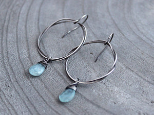 Aquamarine Organic Oxidized Sterling Silver Circle Dangle Earrings