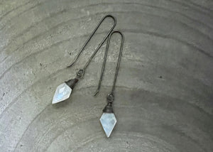 Moonstone Long Oxidized Sterling Silver Earrings