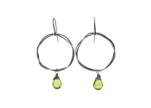 Peridot Oxidized Sterling Silver Organic Circle Dangle Earrings