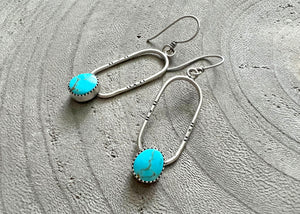 Blue Kingman Turquoise Stamped Silver Oval Drop Earrings