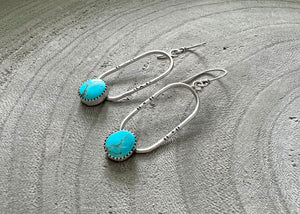 Blue Kingman Turquoise Stamped Silver Oval Drop Earrings