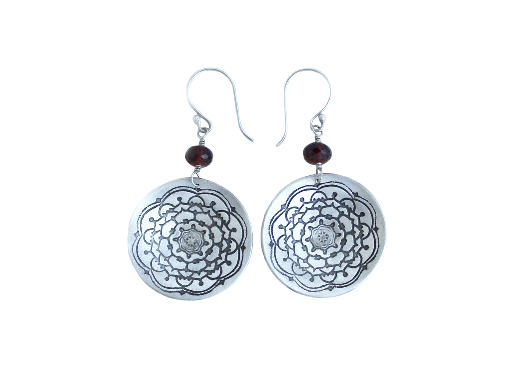 Garnet Silver Mandala Circle Earrings
