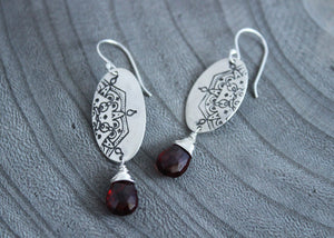 Garnet Silver Mandala Dangle Earrings