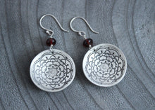 Garnet Silver Mandala Circle Earrings