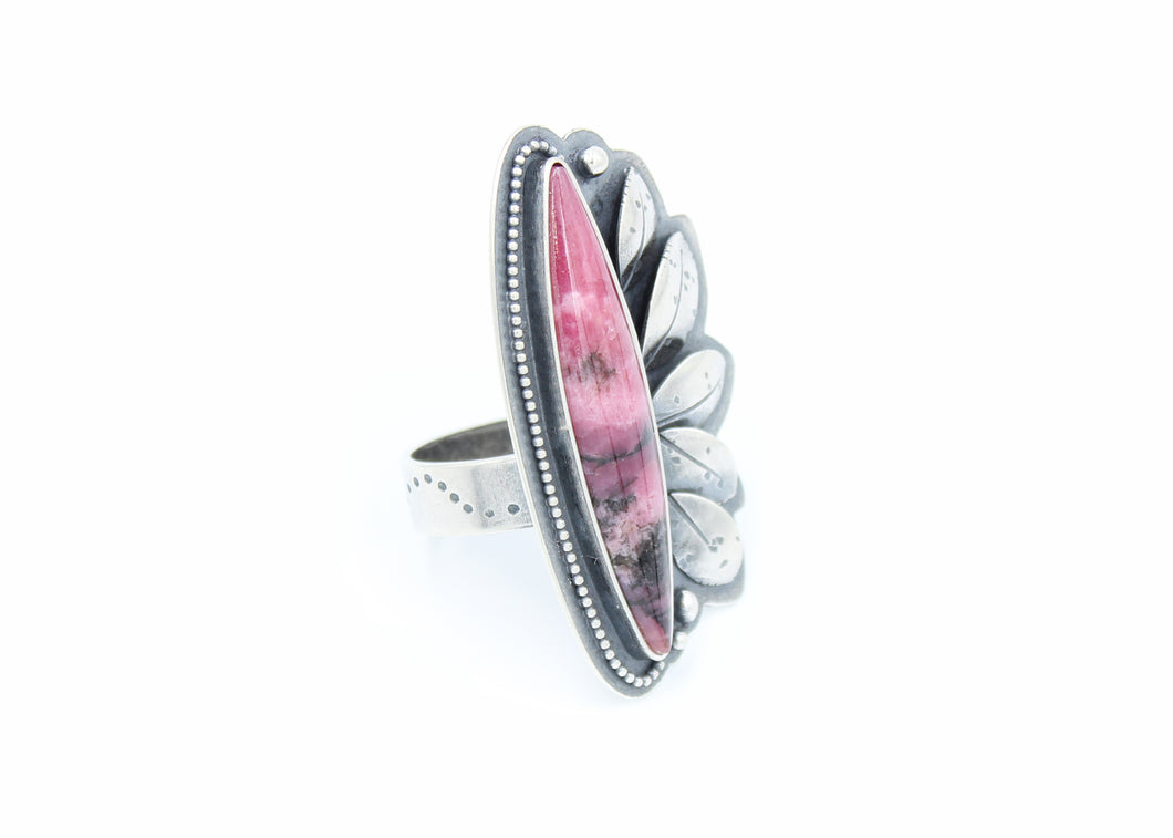 River and Birch gem rhodonite statement ring on white background