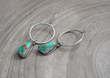 Kingman Turquoise Stamped Silver Hoop Dangle Earrings