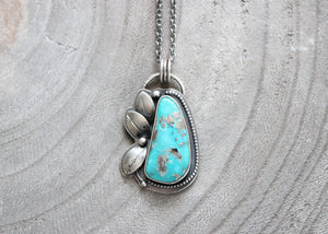 Kingman Turquoise With Pyrite Silver Floral Pendant Necklace