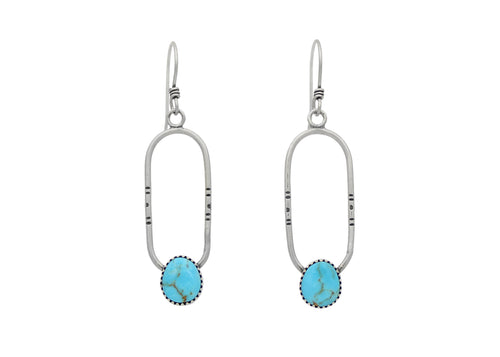 Blue Kingman Turquoise Stamped Silver Oval Drop Earrings