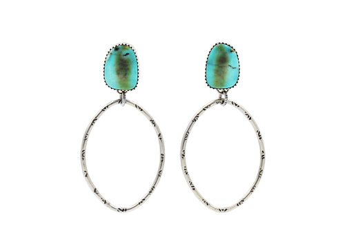 Kingman Turquoise Stamped Silver Oval Dangle Post Earrings