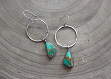 Kingman Turquoise Stamped Silver Hoop Dangle Earrings