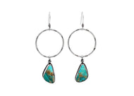 Kingman Turquoise Stamped Silver Hoop Dangle Earrings