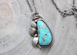 Kingman Turquoise With Pyrite Silver Floral Pendant Necklace