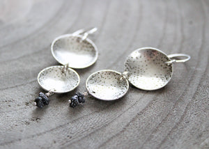 Raw Black Diamond Silver Circle Dangle  Earrings