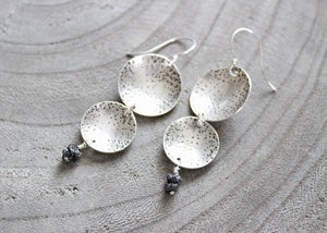 Raw Black Diamond Silver Circle Dangle  Earrings