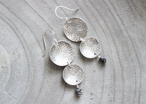 Raw Black Diamond Silver Circle Dangle  Earrings