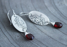 Garnet Silver Mandala Dangle Earrings