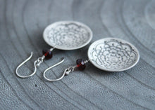 Garnet Silver Mandala Circle Earrings