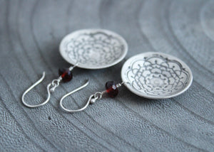 Garnet Silver Mandala Circle Earrings