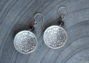 Garnet Silver Mandala Circle Earrings