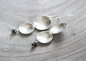 Raw Black Diamond Silver Circle Dangle  Earrings