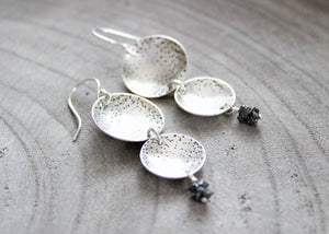 Raw Black Diamond Silver Circle Dangle  Earrings