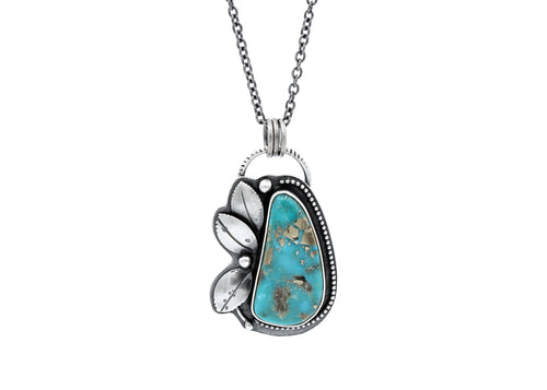 Kingman Turquoise With Pyrite Silver Floral Pendant Necklace