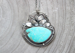 Kingman Turquoise Botanical Theme Silver Statement Pendant Necklace