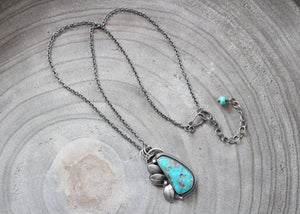 Kingman Turquoise With Pyrite Silver Floral Pendant Necklace