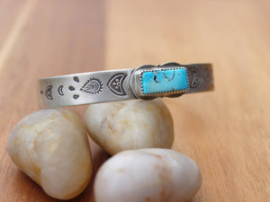 Blue Gem Turquoise Hand Stamped Sterling Silver Cuff Bracelet