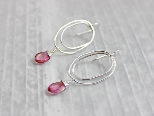 Pink Topaz Sterling Silver Organic Shaped Oval Earrings