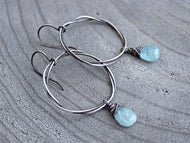 Aquamarine Organic Oxidized Sterling Silver Circle Dangle Earrings