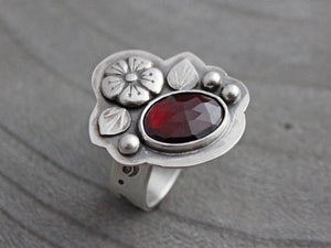 Silver Rose Cut Garnet Ring