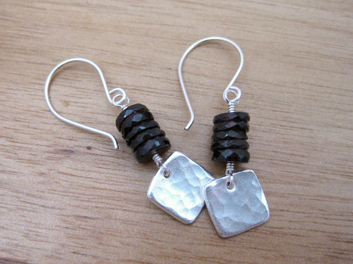 Garnet  Recycled Silver Hammered Square Earrings