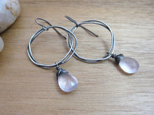 Rose Quartz Oxidized Sterling Silver Organic Circle Dangle Earrings