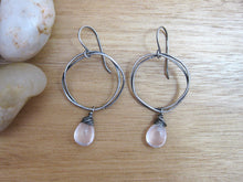 Rose Quartz Oxidized Sterling Silver Organic Circle Dangle Earrings